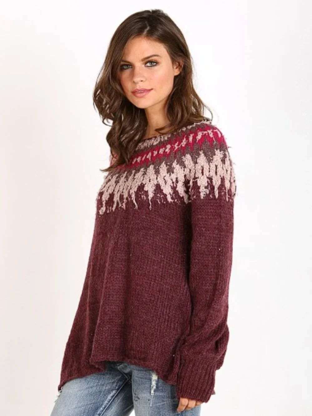 Free People Baltic Fair Isle Maroon Wool Alpaca blend Sweater (M) EUC